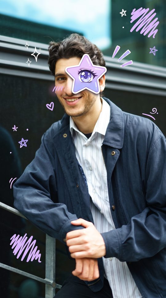 Anime eye filter example: purple star sticker with an anime eye over one eye
